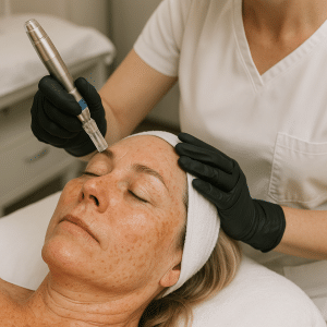 Aesthetics professional with microneedling training doing a treatment on a patient