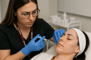 CAMA student learning collagen-stimulating injection techniques in Toronto
