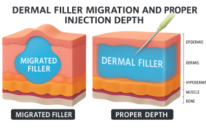 Illustration showing dermal filler migration and proper injection depth