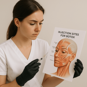Cosmetic injector in training studying facial anatomy for Botox injections