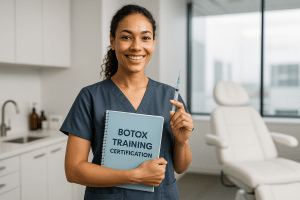 Licensed nurse preparing for Botox training certification in a Canadian medical aesthetics clinic