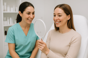 Certified aesthetic injector discussing Botox results with patient in Canadian clinic